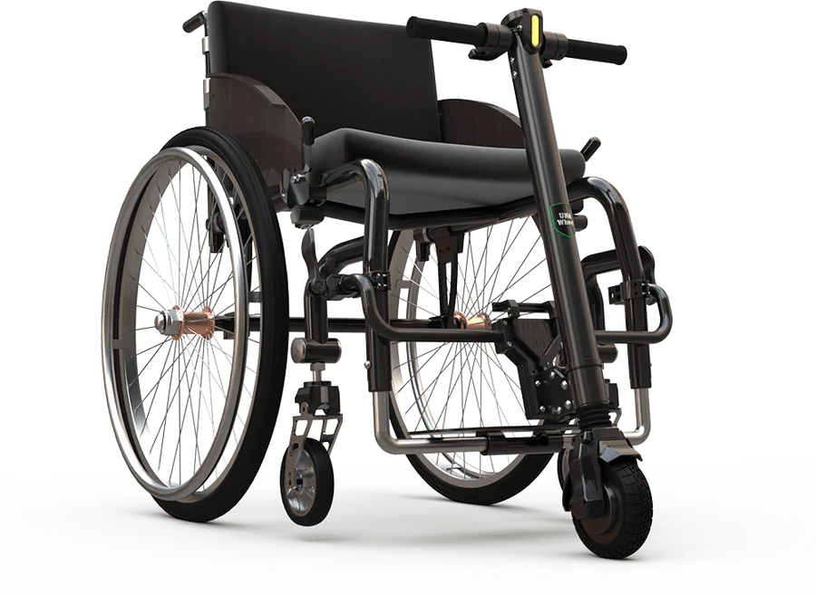 Электроприставка UNAwheel Mini, закреплённая на кресле-коляске